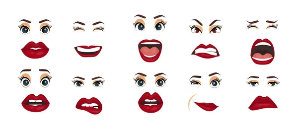 Comic emotions. Women facial expressions, gestures, emotions happiness surprise disgust sadness rapture disappointment fear surprise joy, smile cry coquetry cute mouth. Cartoon icons set isolated.