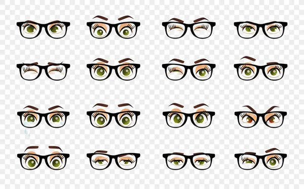 Ojos femeninos de dibujos animados. Vector de color ojos de cerca con gafas. Mujer ojos de mujer y cejas colección de imágenes conjunto. Emociones ojos. Ilustración — Vector de stock