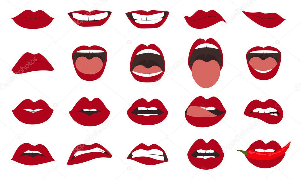 Woman lips gestures set. EPS10 vector. Girl mouths close up with red lipstick makeup expressing different emotions.