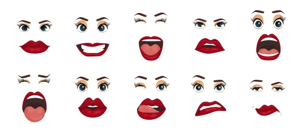 Comic emotions. Women facial expressions, gestures, emotions happiness surprise disgust sadness rapture disappointment fear surprise joy, smile cry coquetry cute mouth. Cartoon icons set isolated.