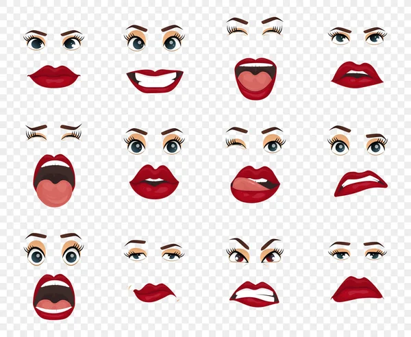 Comic emotions. Women facial expressions, gestures, emotions happiness surprise disgust sadness rapture disappointment fear surprise joy, smile cry coquetry cute mouth. Cartoon icons big set isolated. — Stock Vector