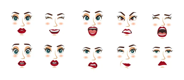 Γυναίκες εκφράσεις του προσώπου, χειρονομίες, συναισθήματα ευτυχίας έκπληξη αηδία θλίψη αρπαγής απογοήτευση φόβο έκπληξη χαράς χαμόγελο κραυγή μελαγχολία. Μεμονωμένες εικόνες, κινούμενα σχέδια. Εικονογράφηση διάνυσμα — Διανυσματικό Αρχείο
