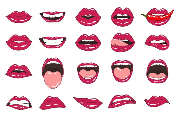 Lippen patch collectie. Vectorillustratie sexy doodle vrouw lippen uiting van verschillende emoties, zoals glimlach, kus, half-open mond, bijten lip, lip likken, tong uit. Geïsoleerd op wit. — Stockvector