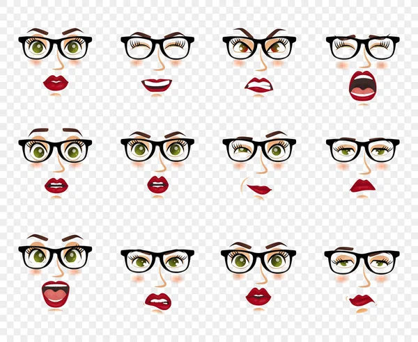 Komik duygular. Kadın gözlük yüz ifadeleri, jestleri, duygu mutluluk sürpriz tiksinti üzüntü rapture hayal kırıklığı korku sürpriz sevinç gülümseme umutsuzluk. Karikatür simgeleri büyük izole ayarla.