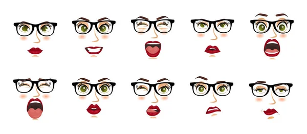 Woman Glasses Facial Expressions Gestures Emotions Happiness Surprise Disgust Sadness — Stock Vector