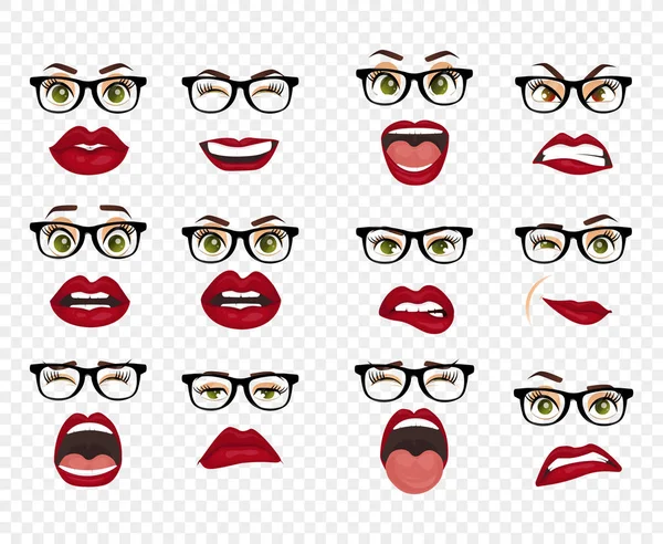 Woman with glasses facial expressions, gestures, emotions happiness surprise disgust sadness rapture disappointment fear surprise joy smile despondency. Comic emotions. Cartoon icons big set isolated