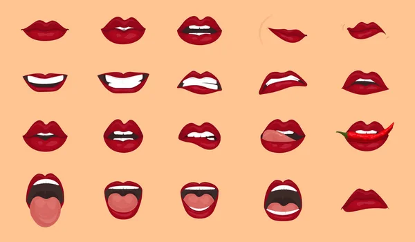 Iconos de dibujos animados gran conjunto aislado. Boca linda expresiones faciales gestos labios tristeza arrebato decepción miedo sorpresa alegría sonrisa grito desaliento coquetería linda boca. Ilustración vectorial aislada — Vector de stock