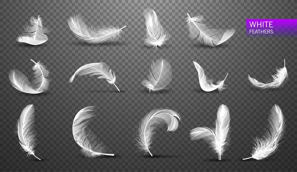 Conjunto de plumas giradas suaves blancas caídas aisladas sobre fondo transparente en estilo realista. Ilustración vectorial — Vector de stock