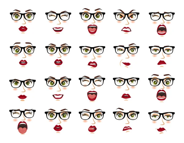 Comic emotions. Woman with glasses facial expressions, gestures, emotions happiness surprise disgust sadness rapture disappointment fear surprise joy smile despondency. Cartoon icons big set isolated. — Stock Vector