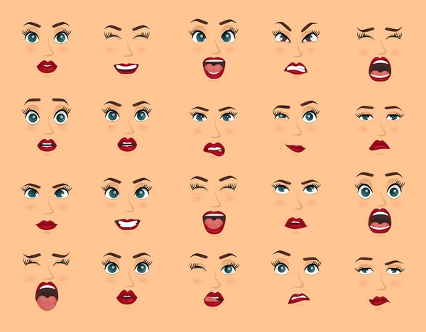 Emociones cómicas. Mujeres expresiones faciales, gestos, emociones felicidad sorpresa disgusto tristeza arrebato decepción miedo sorpresa alegría, sonrisa grito coquetería linda boca. Iconos de dibujos animados gran conjunto aislado . — Archivo Imágenes Vectoriales