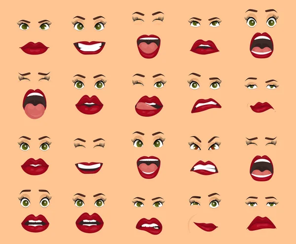 Comic emotions. Women facial expressions, gestures, emotions happiness surprise disgust sadness rapture disappointment fear surprise joy, smile cry coquetry cute mouth. Cartoon icons big set isolated.