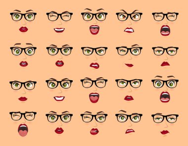 Komik duygular. Kadın gözlük yüz ifadeleri, jestleri, duygu mutluluk sürpriz tiksinti üzüntü rapture hayal kırıklığı korku sürpriz sevinç gülümseme umutsuzluk. Karikatür simgeleri büyük izole ayarla.