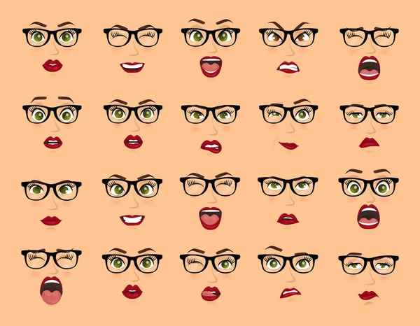 Comic emotions. Woman with glasses facial expressions, gestures, emotions happiness surprise disgust sadness rapture disappointment fear surprise joy smile despondency. Cartoon icons big set isolated. — Stock Vector