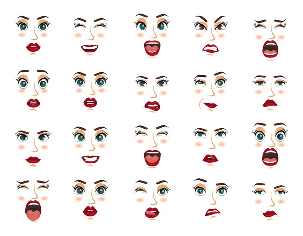 Comic emotions. Women facial expressions, gestures, emotions happiness surprise disgust sadness rapture disappointment fear surprise joy, smile cry coquetry cute mouth. Cartoon icons big set isolated.
