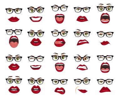 Comic emotions. Woman with glasses facial expressions, gestures, emotions happiness surprise disgust sadness rapture disappointment fear surprise joy smile despondency. Cartoon icons big set isolated. clipart