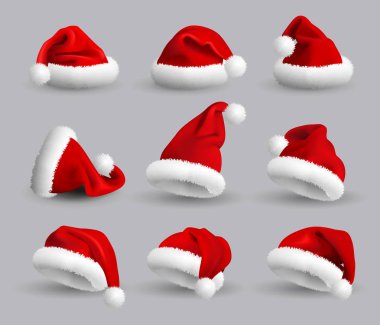 Kırmızı Noel Baba şapkaları gri arka plan üzerinde izole kümesi. Vektör gerçekçi çizim.