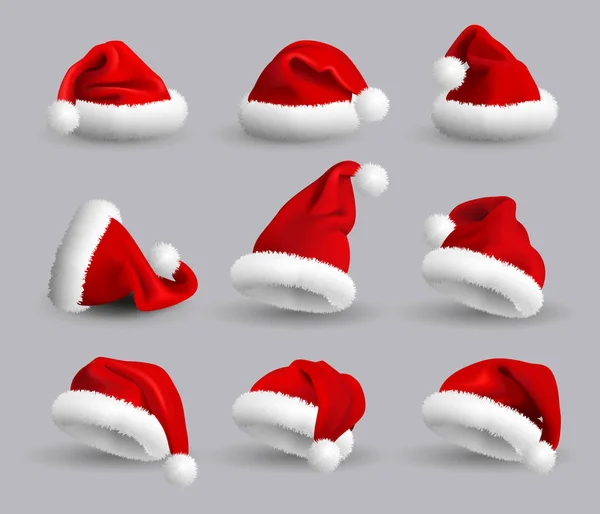 Set Van Rood Santa Claus Hoeden Geïsoleerd Een Grijze Achtergrond — Stockvector