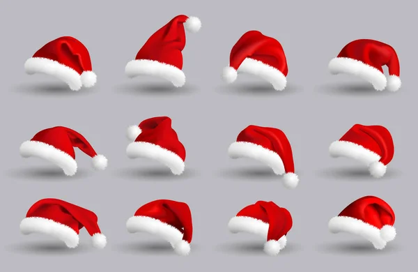 Colección de Sombreros Rojos Santa Claus aislados sobre fondo gris. Listos. Ilustración realista vectorial . — Archivo Imágenes Vectoriales