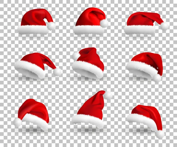 Kırmızı Noel Baba Şapkaları koleksiyonu şeffaf arka planda izole edildi. Hazır ol. Vektör Gerçekçi İllüstrasyon.
