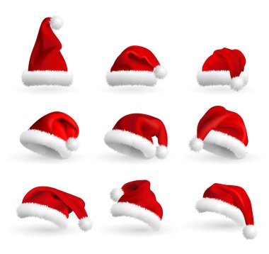 Beyaz arka plan üzerinde izole kırmızı Noel Baba şapkaları topluluğu. Ayarlayın. Vektör gerçekçi çizim.