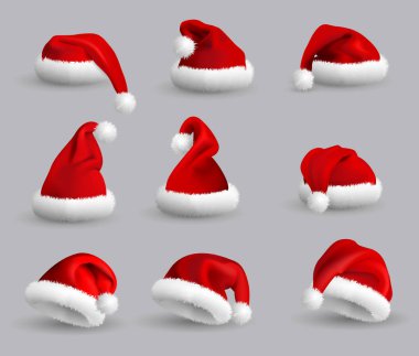 Kırmızı Noel Baba şapkaları gri arka plan üzerinde izole topluluğu. Ayarlayın. Vektör gerçekçi çizim.