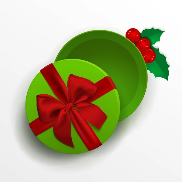 Caja de regalo vacía verde abierta con lazo rojo y acebo de Navidad aislado sobre fondo blanco. Vista superior. Plantilla para su diseño de presentación, banner, folleto o póster. Ilustración vectorial . — Archivo Imágenes Vectoriales