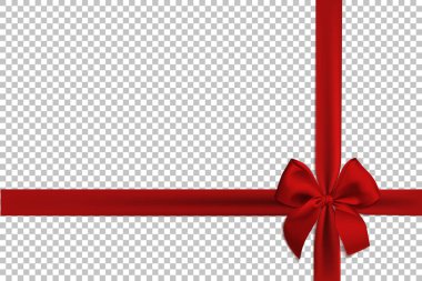 Gerçekçi kırmızı yay ve şeffaf arka plan üzerinde izole şerit. Broşür veya tebrik kartı için şablon. Vektör çizim.