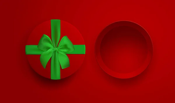 Caja de regalo vacía roja abierta con cinta verde y lazo aislado sobre fondo rojo. Vista superior. Plantilla para su diseño de presentación, banner, folleto o póster. Ilustración vectorial . — Vector de stock