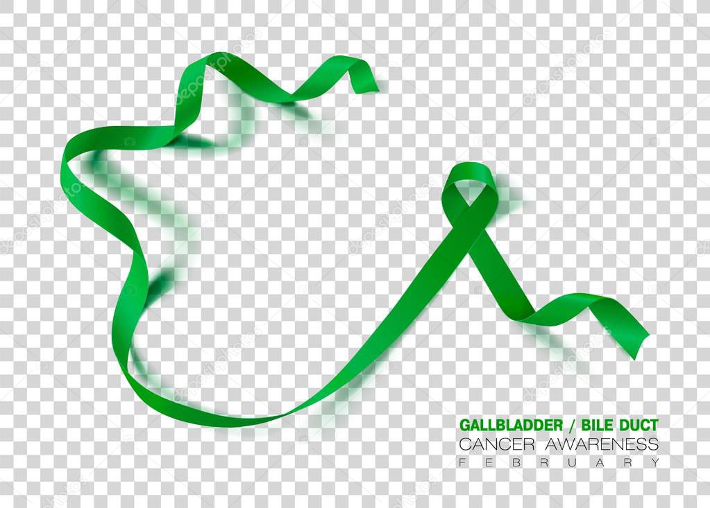 Gallbladder and Bile Duct Cancer Awareness Month. Realistic Kelly Green ribbon symbol. Vector Illustration. Medical Design.