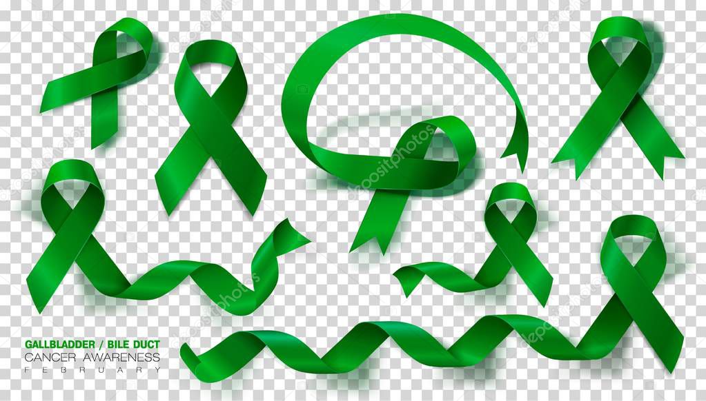 Gallbladder and Bile Duct Cancer Awareness Month. Set. Realistic Kelly Green ribbon symbol. Vector Illustration. Medical Design.