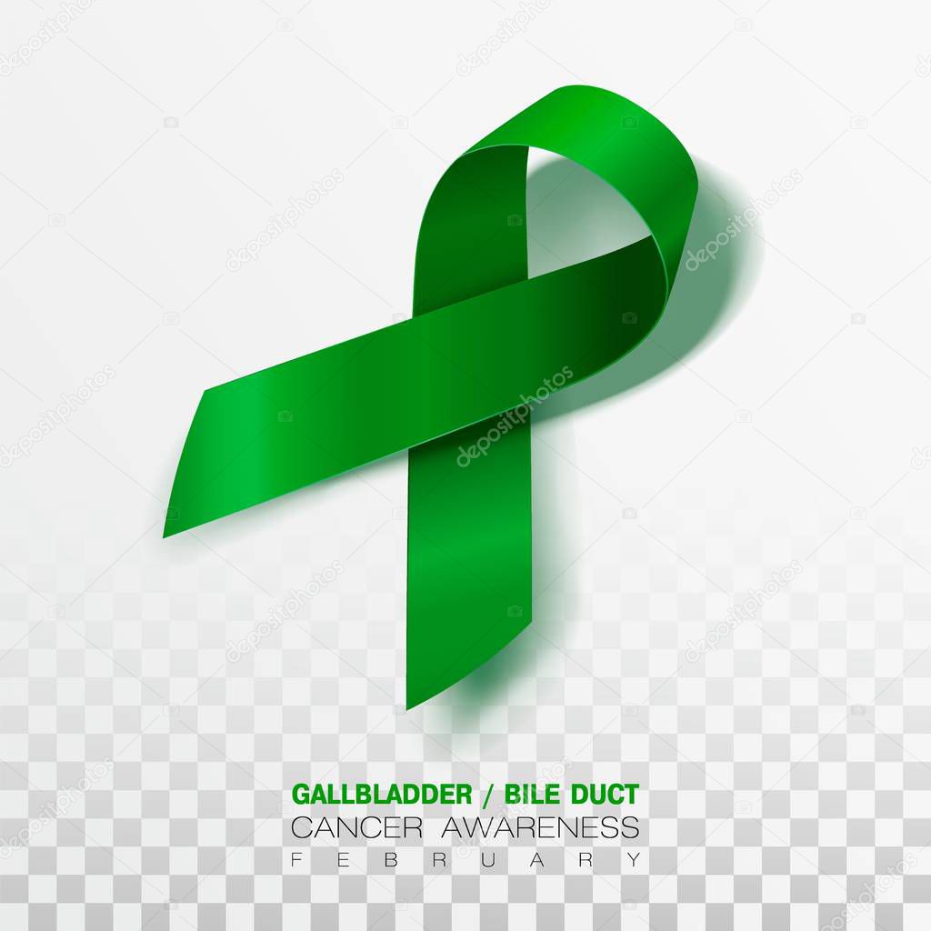 Gallbladder and Bile Duct Cancer Awareness Month. Realistic Kelly Green ribbon symbol. Vector Illustration. Medical Design.