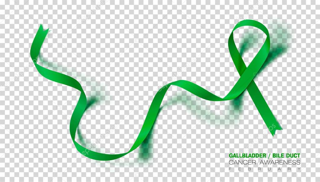 Gallbladder and Bile Duct Cancer Awareness Month. Realistic Kelly Green ribbon symbol. Vector Illustration. Medical Design.