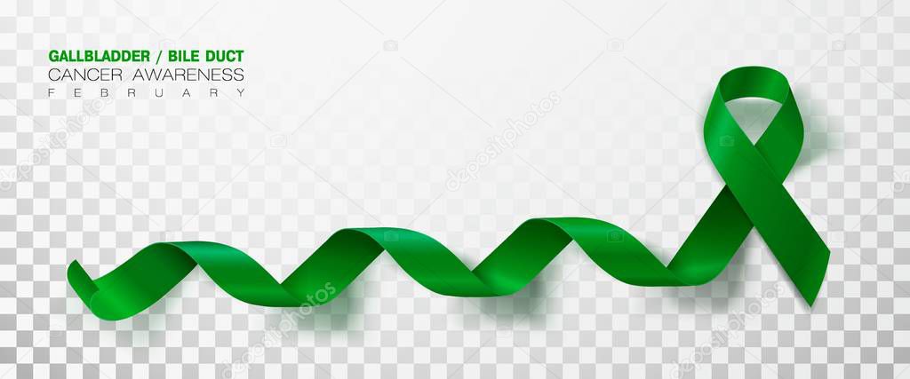 Gallbladder and Bile Duct Cancer Awareness Month. Realistic Kelly Green ribbon symbol. Vector Illustration. Medical Design.