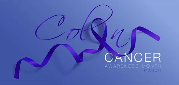 Conscientização sobre o Câncer de Cólon Caligrafia Poster Design. Fita azul escura realista. Março é mês de conscientização sobre o câncer. Vetor — Vetor de Stock