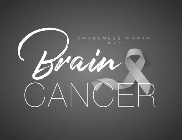 Gehirnkrebs Bewusstsein Kalligraphie Poster-Design. Realistisches graues Band. Mai ist Monat des Krebsbewusstseins. Vektor — Stockvektor