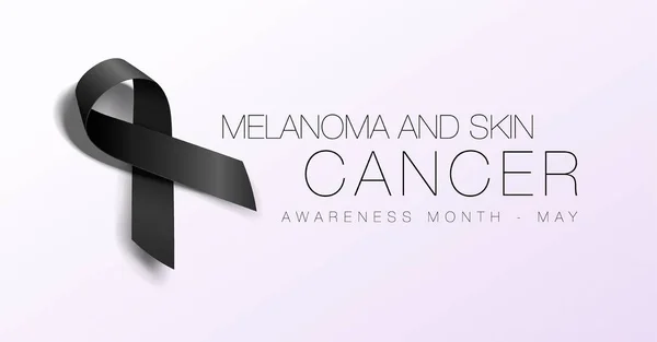 Дизайн плаката "Каллиграфия меланомы и рака кожи". Реалистичная черная лента. Май месяц осведомленности о раке. Вектор — стоковый вектор