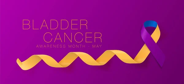 Diseño de póster de caligrafía de conciencia del cáncer de vejiga. Marigold realista y cinta azul y púrpura. Mayo es el Mes de Concientización sobre el Cáncer. Vector — Vector de stock