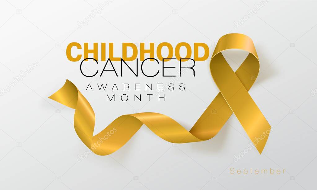 Childhood Cancer Awareness Calligraphy Poster Design. Realistic Gold Ribbon. September is Cancer Awareness Month. Vector