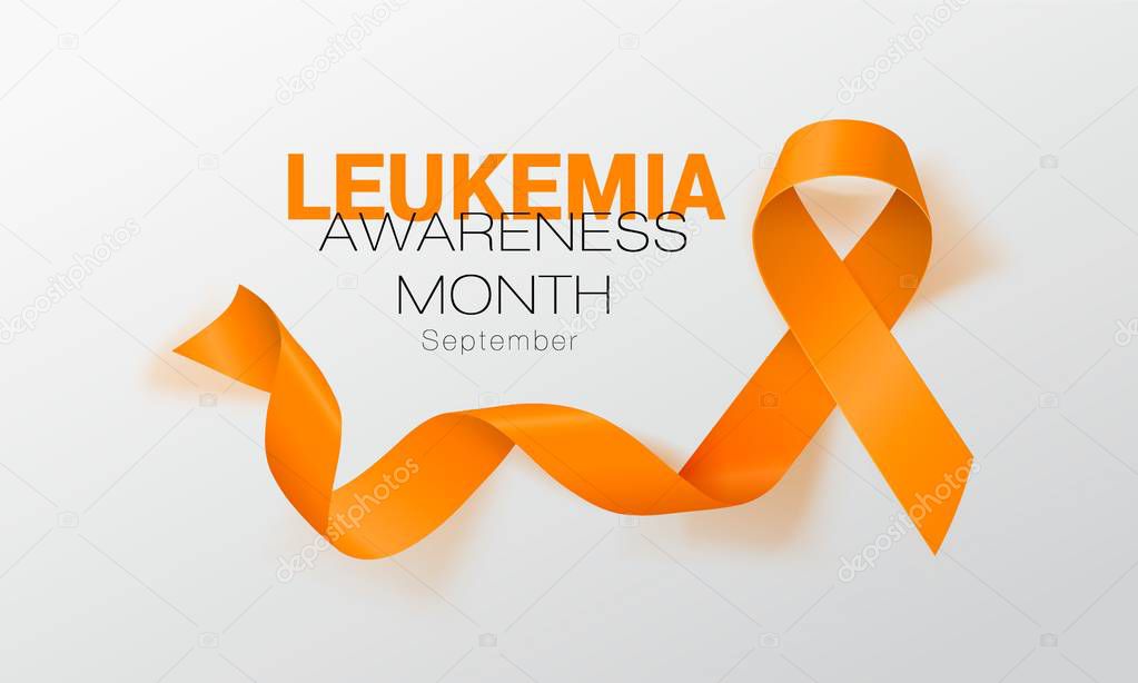 Leukemia Awareness Calligraphy Poster Design. Realistic Orange Ribbon. September is Cancer Awareness Month. Vector Illustration