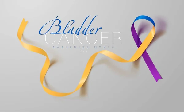 Bladder Cancer Awareness Calligraphy Poster Design. Realistic Marigold And Blue And Purple Ribbon. May is Cancer Awareness Month. Vector