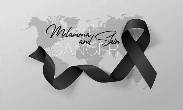 การออกแบบโปสเตอร์การจดจําโรคมะเร็งผิวหนังและ Melanoma ริบบิ้นดําที่สมจริง เดือนพฤษภาคมคือเดือนแห่งการตระหนักถึงมะเร็ง เวกเตอร์ — ภาพเวกเตอร์สต็อก