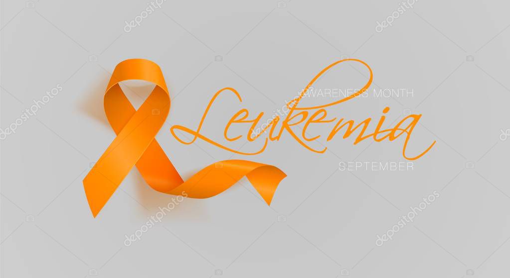 Leukemia Awareness Calligraphy Poster Design. Realistic Orange Ribbon. September is Cancer Awareness Month. Vector Illustration