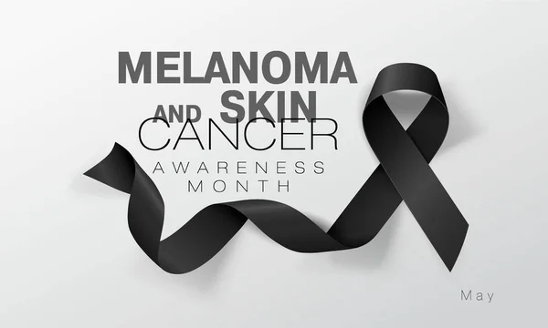 Melanoma y conciencia del cáncer de piel Caligrafía Diseño de póster. Cinta negra realista. Mayo es el Mes de Concientización sobre el Cáncer. Vector — Vector de stock