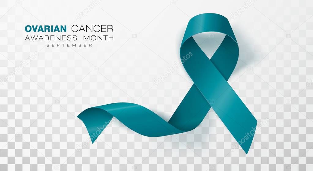 Ovarian Cancer Awareness Month. Teal Color Ribbon Isolated On Transparent Background. Vector Design Template For Poster.