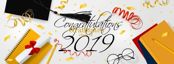 Graduation vector banner. Background Congrats graduates with objects viewed from above hat with degree paper, books, notebook and pencil, glasses, gold confetti, ribbons and stars. — Stock Vector