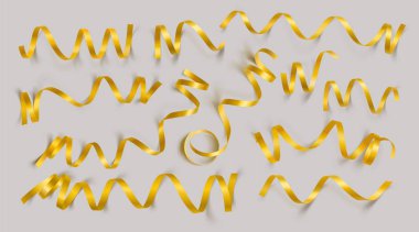 Gri arka plan üzerinde gerçekçi altın şeritler kümesi. Vektör illüstrasyon. Tebrik kartı, tatil, afiş, hediye ve vb için kullanılabilir.