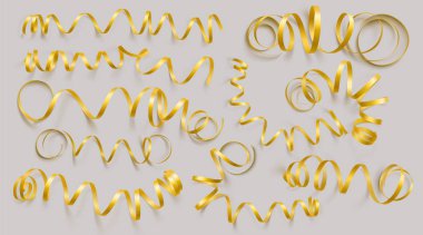 Gri arka plan üzerinde gerçekçi altın şeritler kümesi. Vektör illüstrasyon. Tebrik kartı, tatil, afiş, hediye ve vb için kullanılabilir.