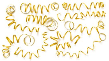 Beyaz arka plan üzerinde gerçekçi altın şeritler kümesi. Vektör illüstrasyon. Tebrik kartı, tatil, afiş, hediye ve vb için kullanılabilir.