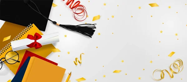 Graduation vector banner. Background Congrats graduates with objects viewed from above hat with degree paper, books, notebook and pencil, glasses, gold confetti, ribbons and stars. — Stock Vector