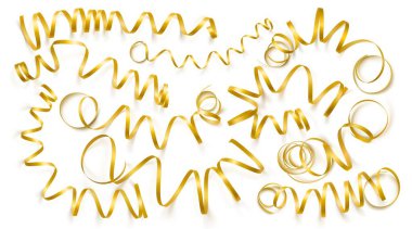 Beyaz arka plan üzerinde gerçekçi altın şeritler kümesi. Vektör illüstrasyon. Tebrik kartı, tatil, afiş, hediye ve vb için kullanılabilir.